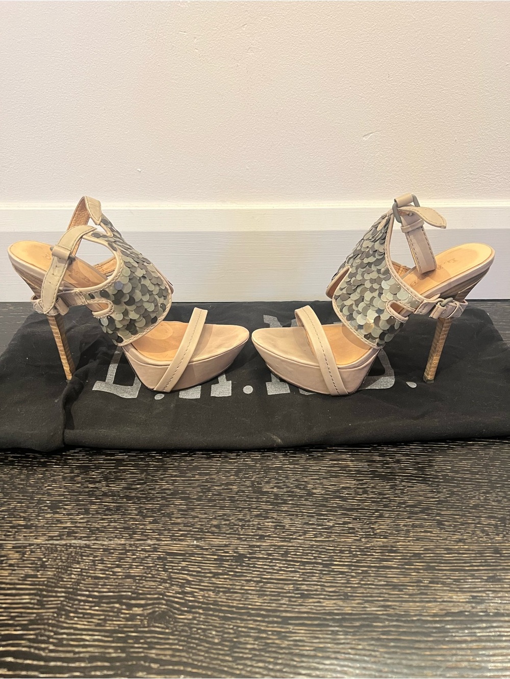 L.A.M.B. Beige and Silver Sequin High Heel Sandals